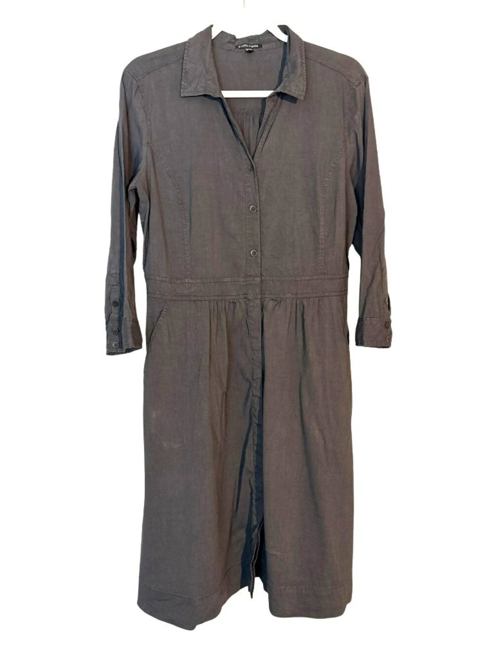 Eileen Fisher Gray Linen Blend Button-Front Shirt Dress With Pockets Size S
